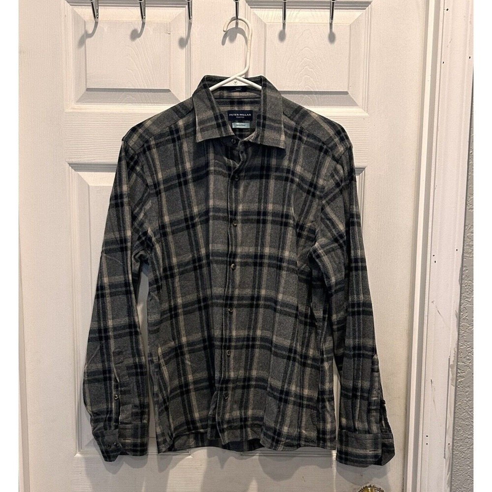 Peter Millar Collection Mens Large Japanese Flannel Plaid Button Down Shirt Gray
